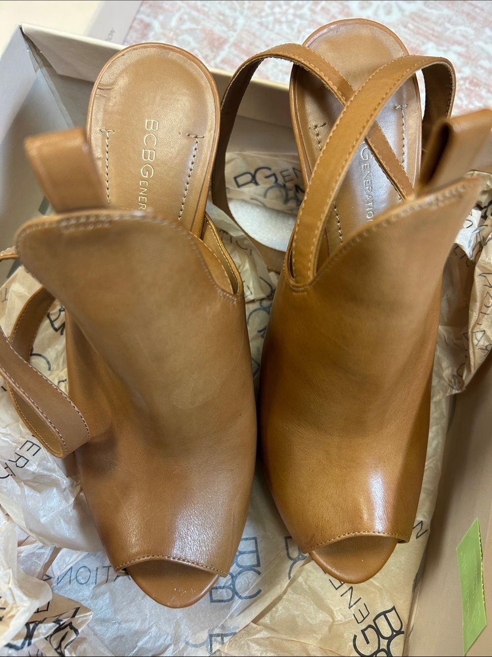 EUC BCBGeneration Caramel Tan Leather Peep-Toe Platform Ankle-Strap Stiletto - Picture 5 of 7